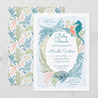 Under the Sea Ocean Waves Seahorse Baby Girl Invitation