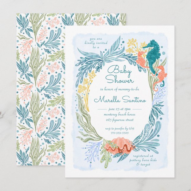 Under the Sea Ocean Waves Seahorse Twins Girls Invitation (Front/Back)