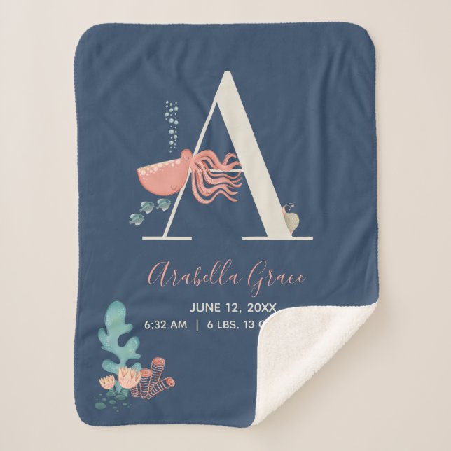 Under the Sea Octopus Alphabet Letter A Baby Stats Sherpa Blanket (Front)