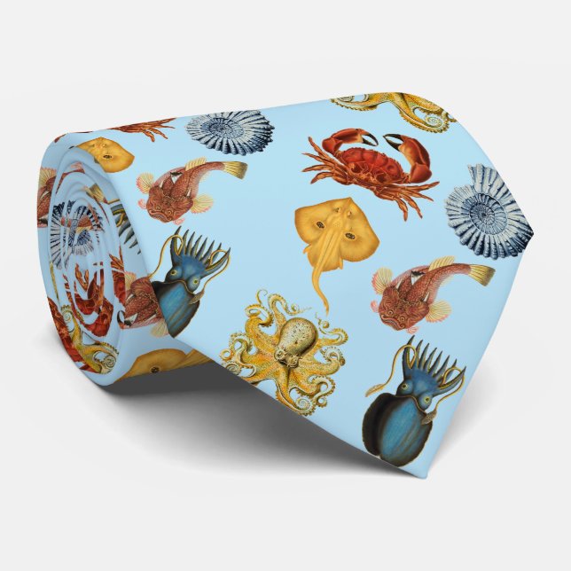under the sea octopus, shells, crab. Aqua blue Tie (Rolled)