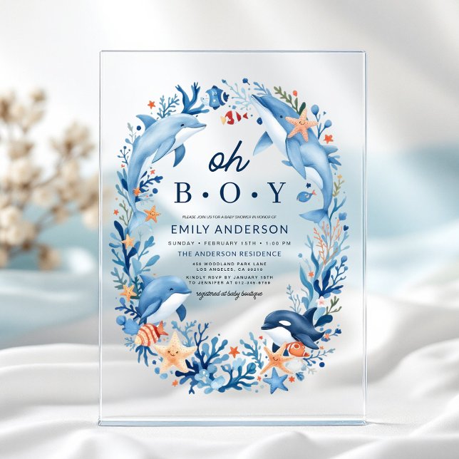 Under the Sea Oh Boy Blue Baby Shower Acrylic Invitations (Creator Uploaded)
