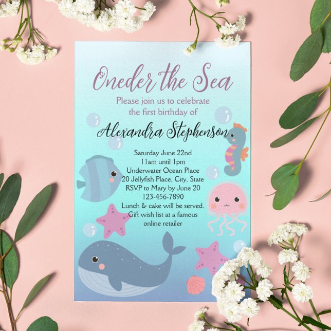 Under the Sea One Ocean Beach Girls First Birthday Invitation (under the sea first birthday oneder the sea 1st birthday girls invitation)