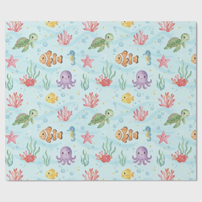 Under the Sea Party Colourful Ocean Creatures Wrapping Paper (Flat)