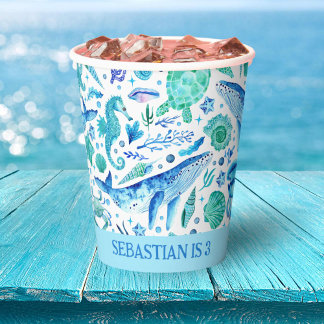 Under the Sea Party Watercolor Whale, Seahorse, Paper Cups