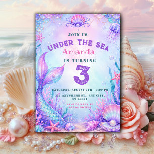 Under the Sea pastel Mermaid 3rd Birthday girl Invitation