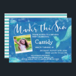 Under the Sea - Photo - Kids Birthday Party Invitation<br><div class="desc">Cute under the sea birthday party invitation for a little mermaid! Add a photo of your child to this ocean blue invitation with pretty fish and a glistening mermaid tail. Under the Sea is written in a charming script. The water is full of pretty air bubbles! The back features stripes...</div>