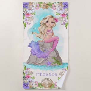 Under the Sea Pink and Purple Mermaid (Blonde) Beach Towel