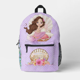 Under the Sea Pink and Purple Mermaid (Brunette) Printed Backpack
