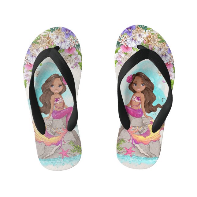 Under the Sea Pink and Purple Mermaid (Dark Skin)  Kid's Jandals (Footbed)