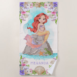 Under the Sea Pink and Purple Mermaid (Red Hair)   Beach Towel