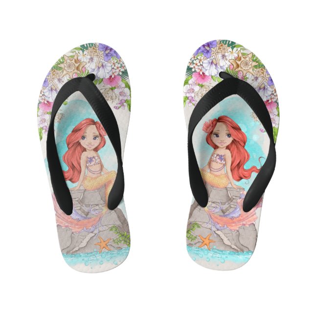 Under the Sea Pink and Purple Mermaid (Red Hair)  Kid's Jandals (Footbed)