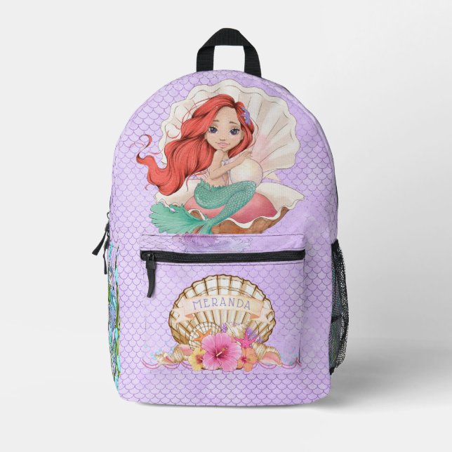 Under the Sea Pink and Purple Mermaid (Red Hair) Printed Backpack (Front)
