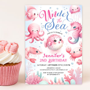 Under The Sea! Pink Cute Ocean Girl 2nd Birthday Invitation