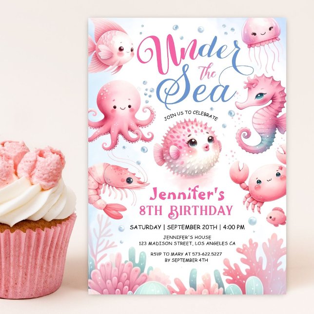 Under The Sea! Pink Cute Ocean Girl 8th Birthday Invitation (Creator Uploaded)