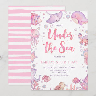  Under the Sea Pink girl Birthday Party Invitation