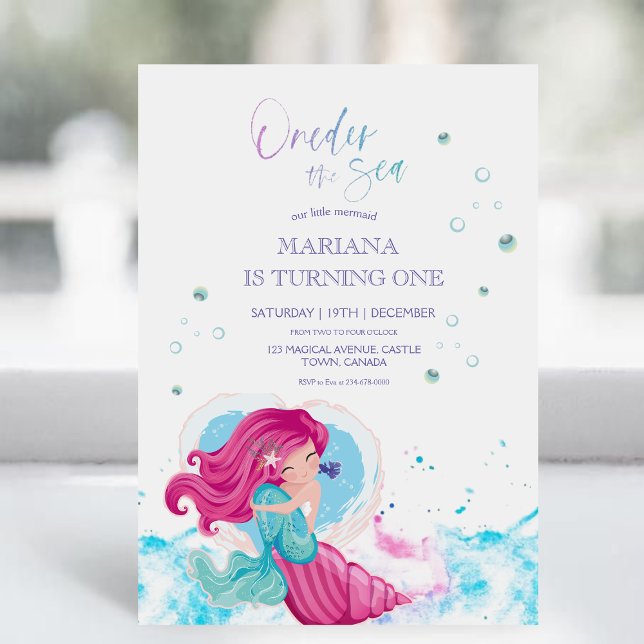 Under the Sea Pink Mermaid Ocean Girly 1st Invitation (Creator Uploaded)