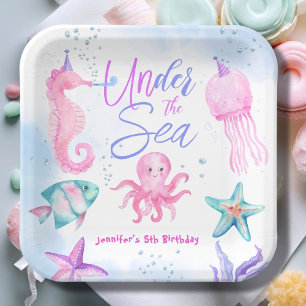 Under The Sea! Pink Ocean Girl 5th Birthday Paper Paper Plate