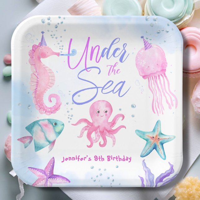 Under The Sea! Pink Ocean Girl 9th Birthday  Paper Paper Plate (Creator Uploaded)