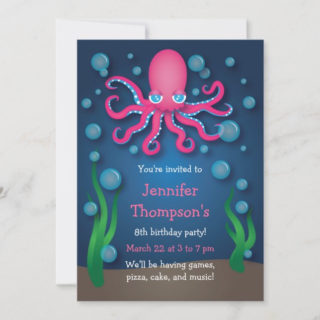 Under the Sea Pink Octopus Birthday Invitations (Front)
