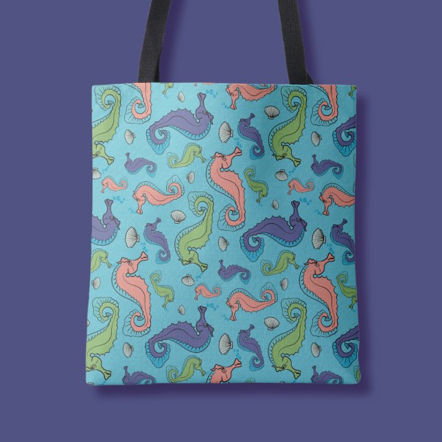 Under the Sea - Playful Seahorse and Shell Pattern Tote Bag (Creator Uploaded)