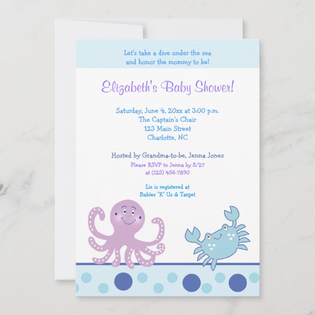 Under the Sea Purple Octopus & Crab 5x7 Invitation (Front)