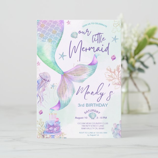 Under the Sea Purple Teal Little Mermaid Birthday  Invitation (Standing Front)