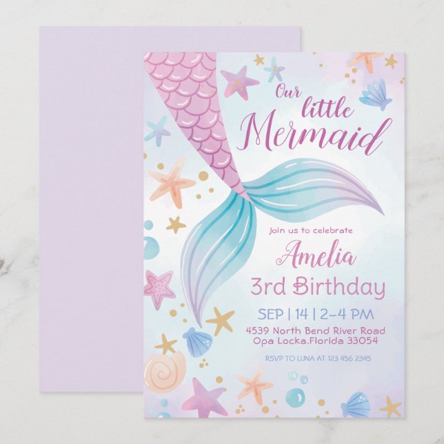 Under the Sea Purple Teal Little Mermaid Birthday Invitation (Front/Back)