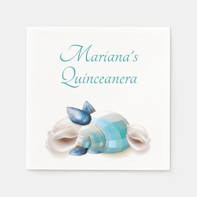 Under the Sea Quinceanera Party Teal Blue Seashell Napkin (Front)
