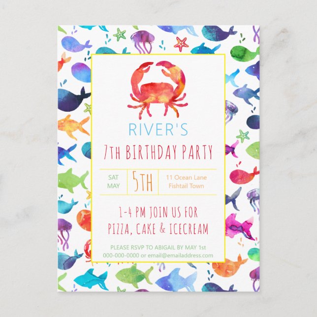 Under The Sea Rainbow Fish Birthday Baby Shower Invitation Postcard (Front)