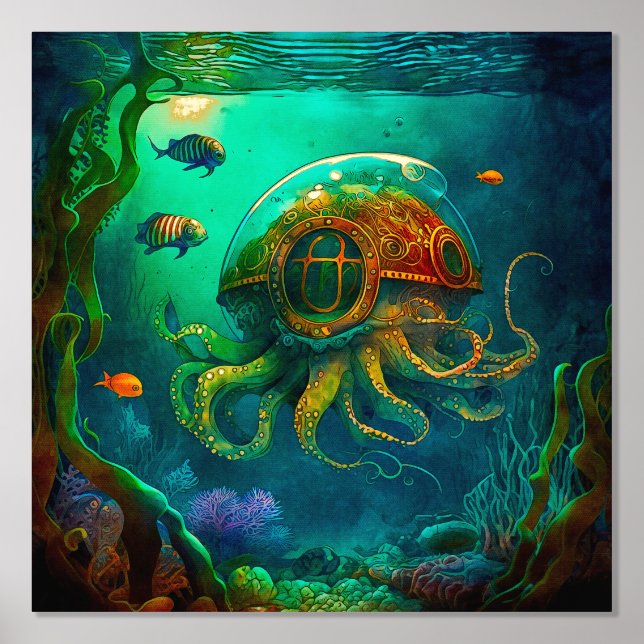 Under the Sea Sea Animals Steampunk Octopus Foil Prints (Front)