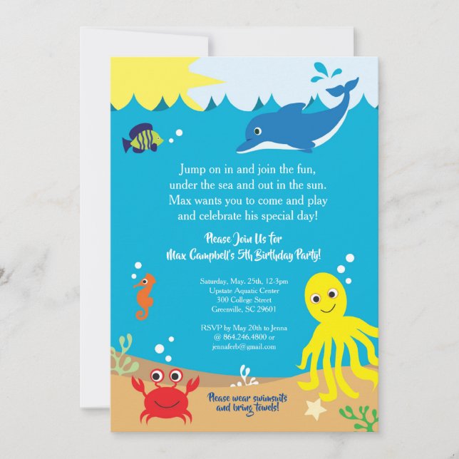 Under the Sea, Sea Life Birthday Invitation (Front)
