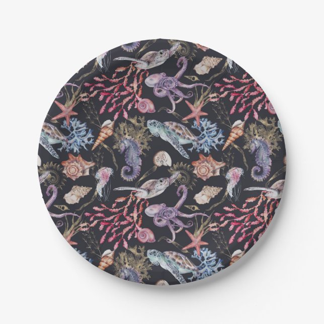 Under the Sea Seashells Seahorses Starfish Ocean  Paper Plate (Front)