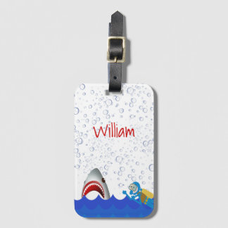Under the sea shark bubbles blue diver name luggage tag