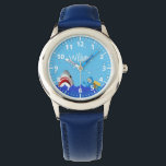 Under the sea shark bubbles blue diver name watch<br><div class="desc">Blue background,  bubbles,  blue waves,  a scuba diver,  and a shark.  Template for the child's name. Hand lettered style script in white.  White numbers.</div>