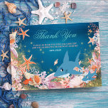 Under The Sea Shark Kids Birthday Thank You<br><div class="desc">Thank your guests for celebrating with you with this Under the Sea theme kid's birthday thank you card. Featuring a big shark, a baby shark, goldfish, watercolor seashells, starfish, coral and gold sparkling sand. Perfect for tropical, beach and nautical and coastal themes. You can easily personalise it, just replace the...</div>