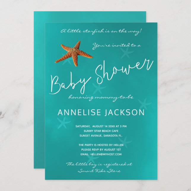 Under the sea starfish ocean blue baby shower invitation (Front/Back)