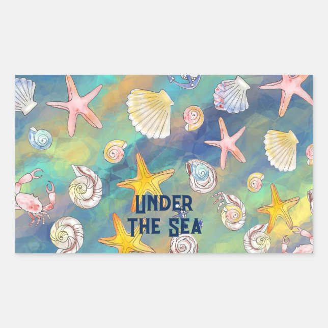 Under The Sea Starfish Shell Crab Aqua Blue Rectangular Sticker (Front)