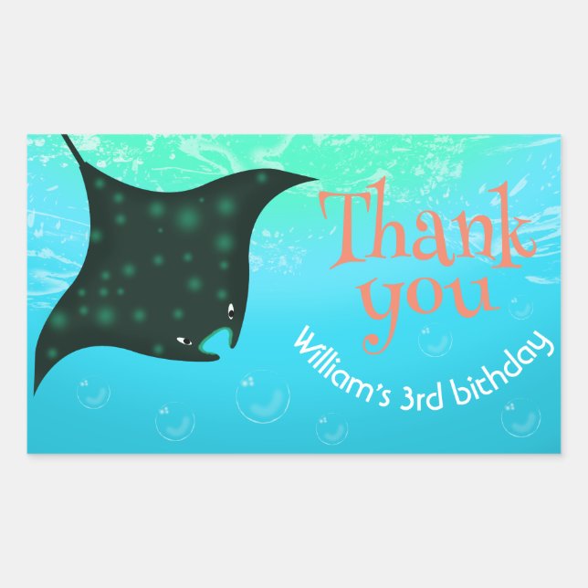 Under The Sea Stingray with Bubbles Birthday Party Rectangular Sticker (Front)