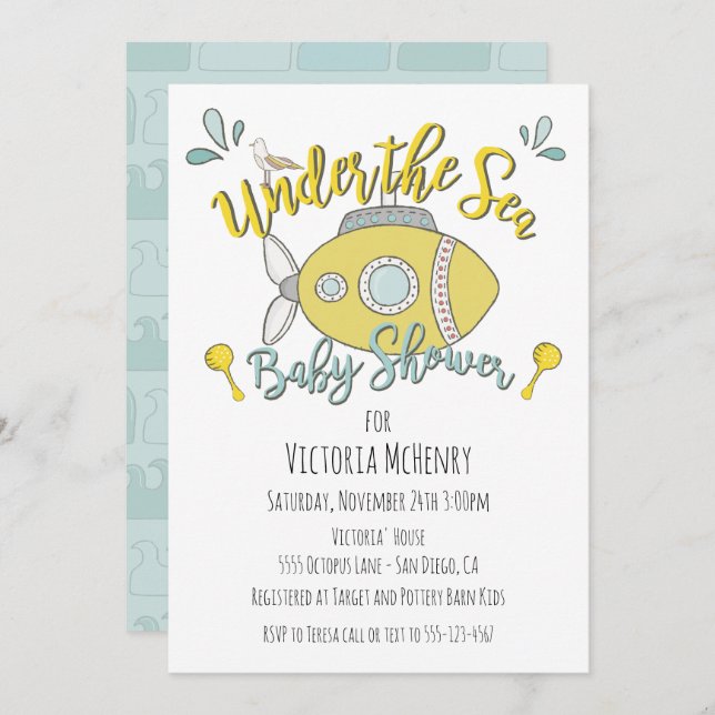 Under the Sea Submarine Baby Shower Invitations (Front/Back)