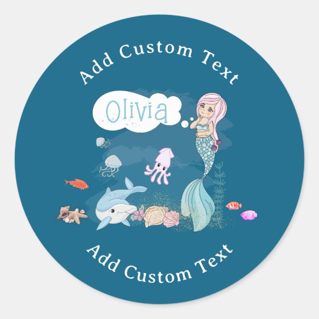 Under the Sea Sweet Mermaid Personalized Classic Round Sticker (Front)