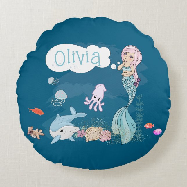 Under the Sea Sweet Mermaid Personalized Round Cushion (Front)
