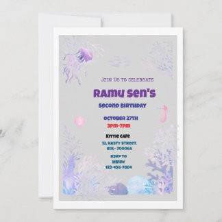 Under the Sea Themed 2nd Birthday Invitation Card 