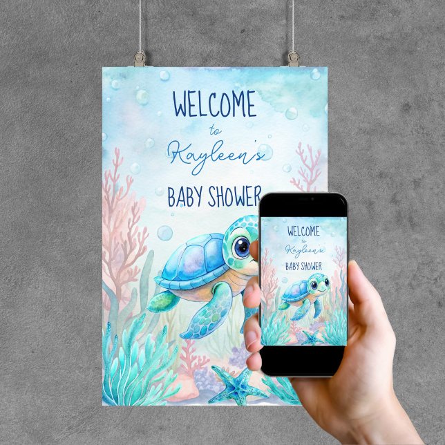 Under the sea turtle aqua blue baby shower backdro poster (Under the sea turtle aqua blue baby shower backdrop poster welcome sign template editable template)