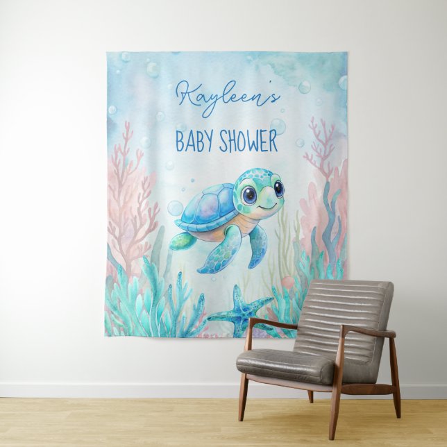 Under the sea turtle aqua blue baby shower backdro tapestry (In Situ)
