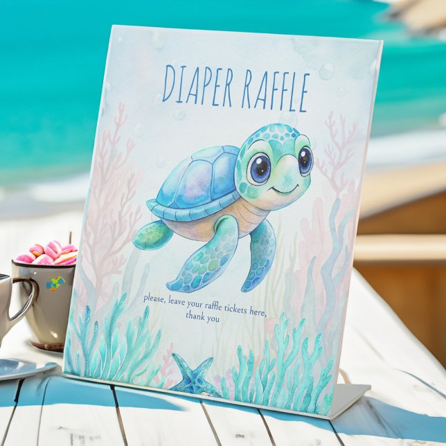 Under the sea turtle aqua blue baby shower raffle pedestal sign (Under the sea cute turtle aqua blue boy baby shower diaper raffle pedestal sign table decor)