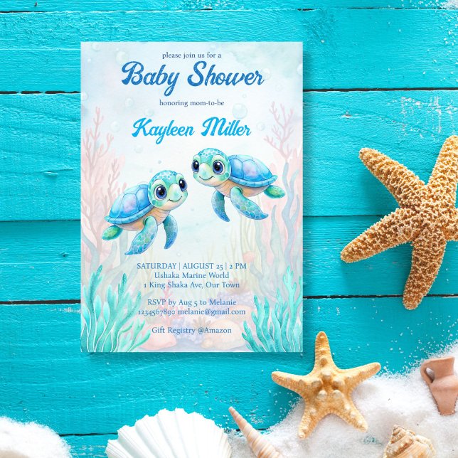 Under the sea turtle aqua blue twins baby shower invitation (Under the sea turtle aqua blue twin boys baby shower invitation template cute sea turtle invites)
