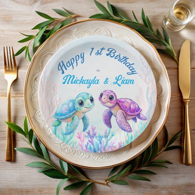 Under the sea turtle aqua blue twins birthday paper plate (Under the sea turtle aqua blue purple pink twins birthday party personalized printed paper plates )