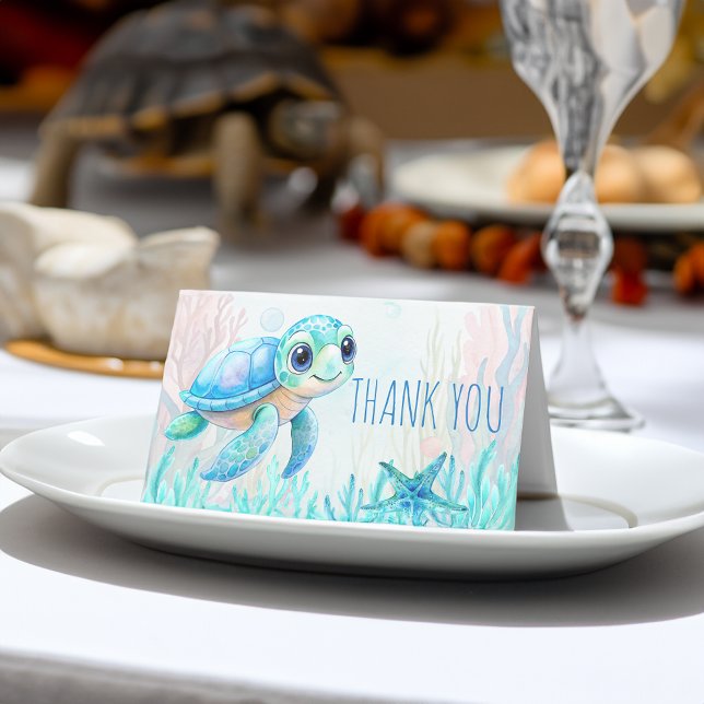 Under the sea turtle blue baby shower thank you place card (Under the sea turtle blue baby shower thank you place card cute qua blue baby shower table decor)