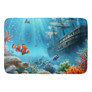 Under the sea, turtle, coral, ship, clown fish bath mat