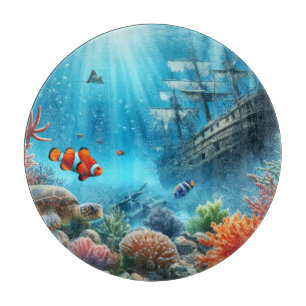 Under the sea, turtle, coral, ship, clown fish cutting board